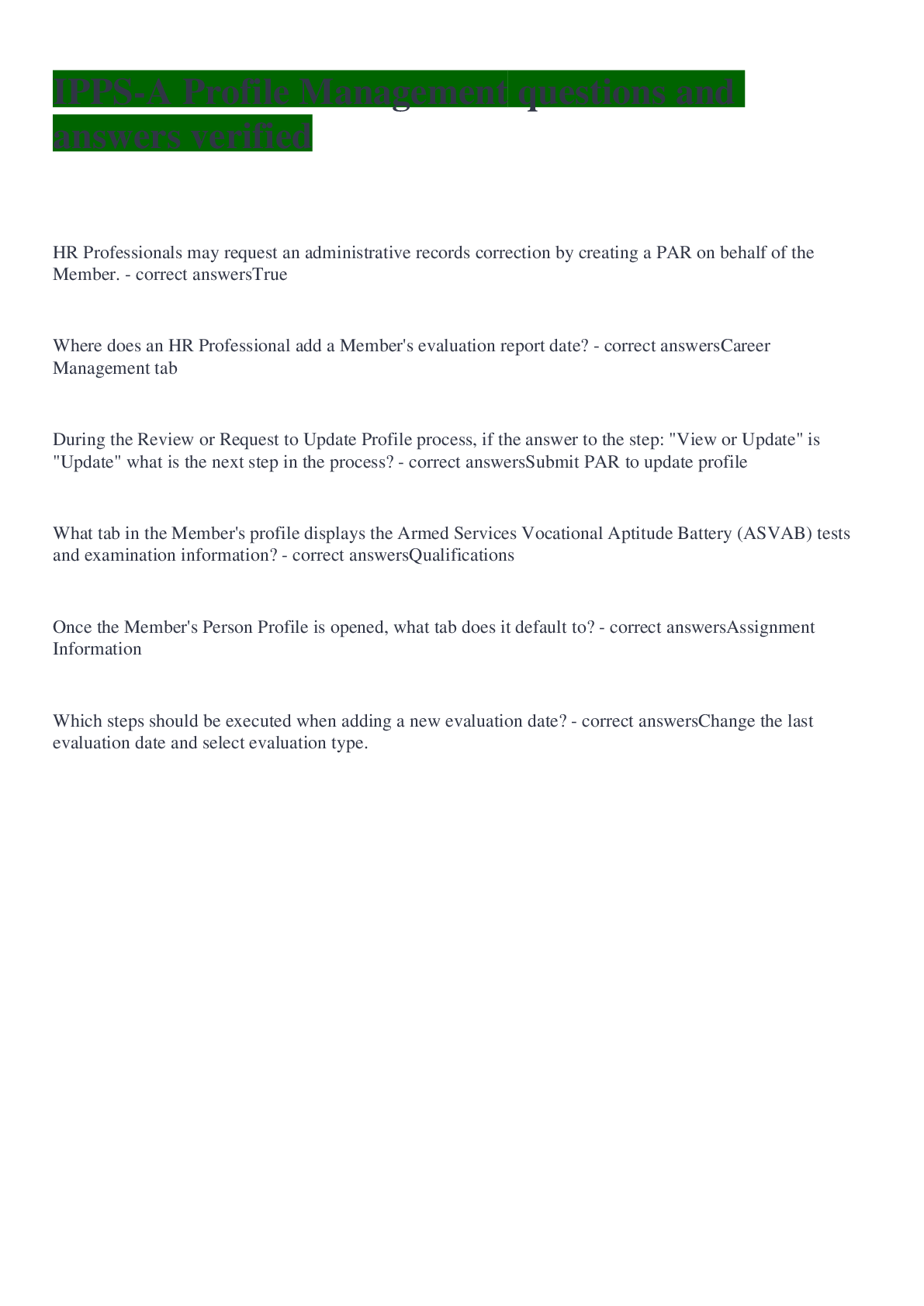 Preview image for IPPS-A Profile Management questions and answers verified